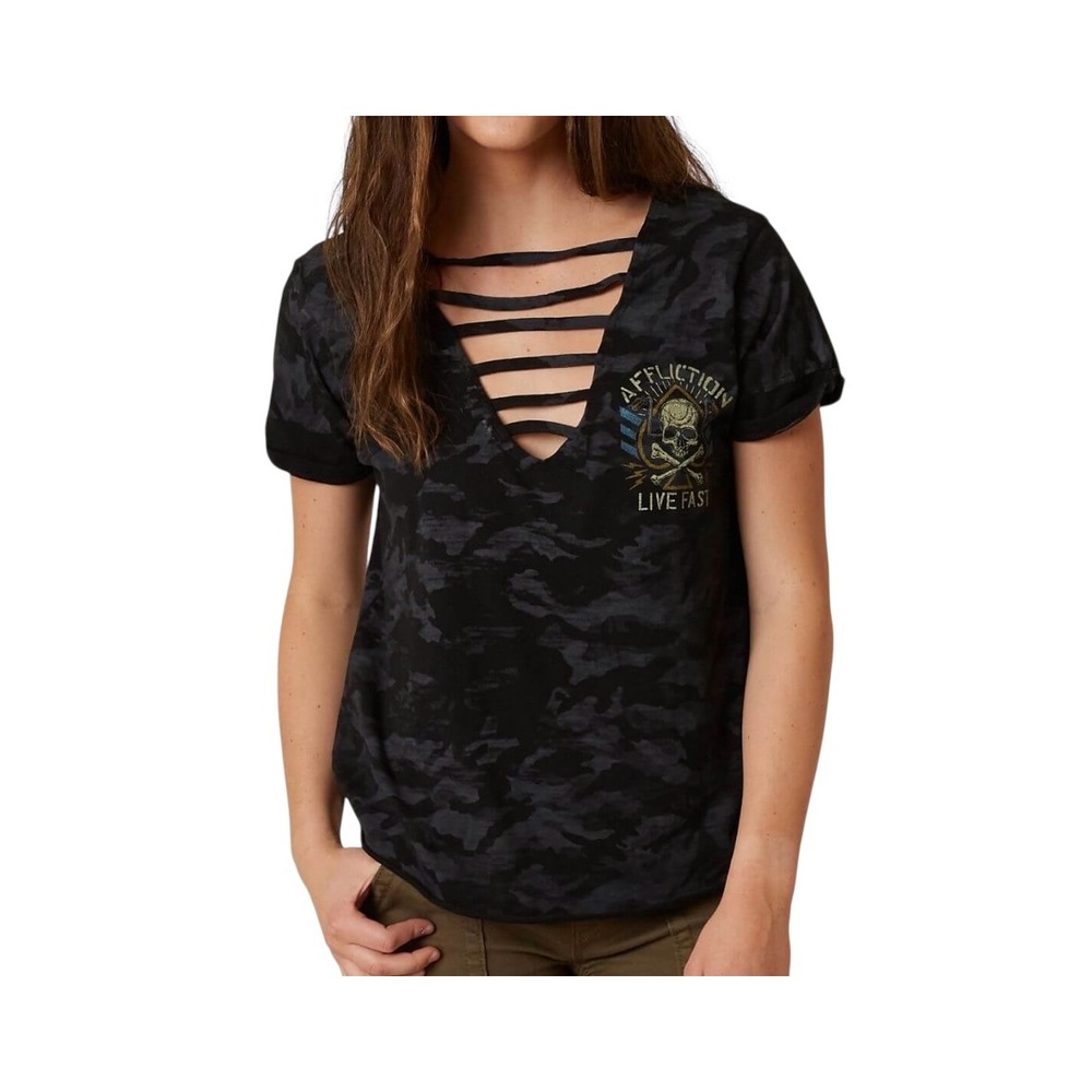Affliction Black Ace T-Shirt, Camo Print W/ Cutout Deep V-Neckline, Size Small,